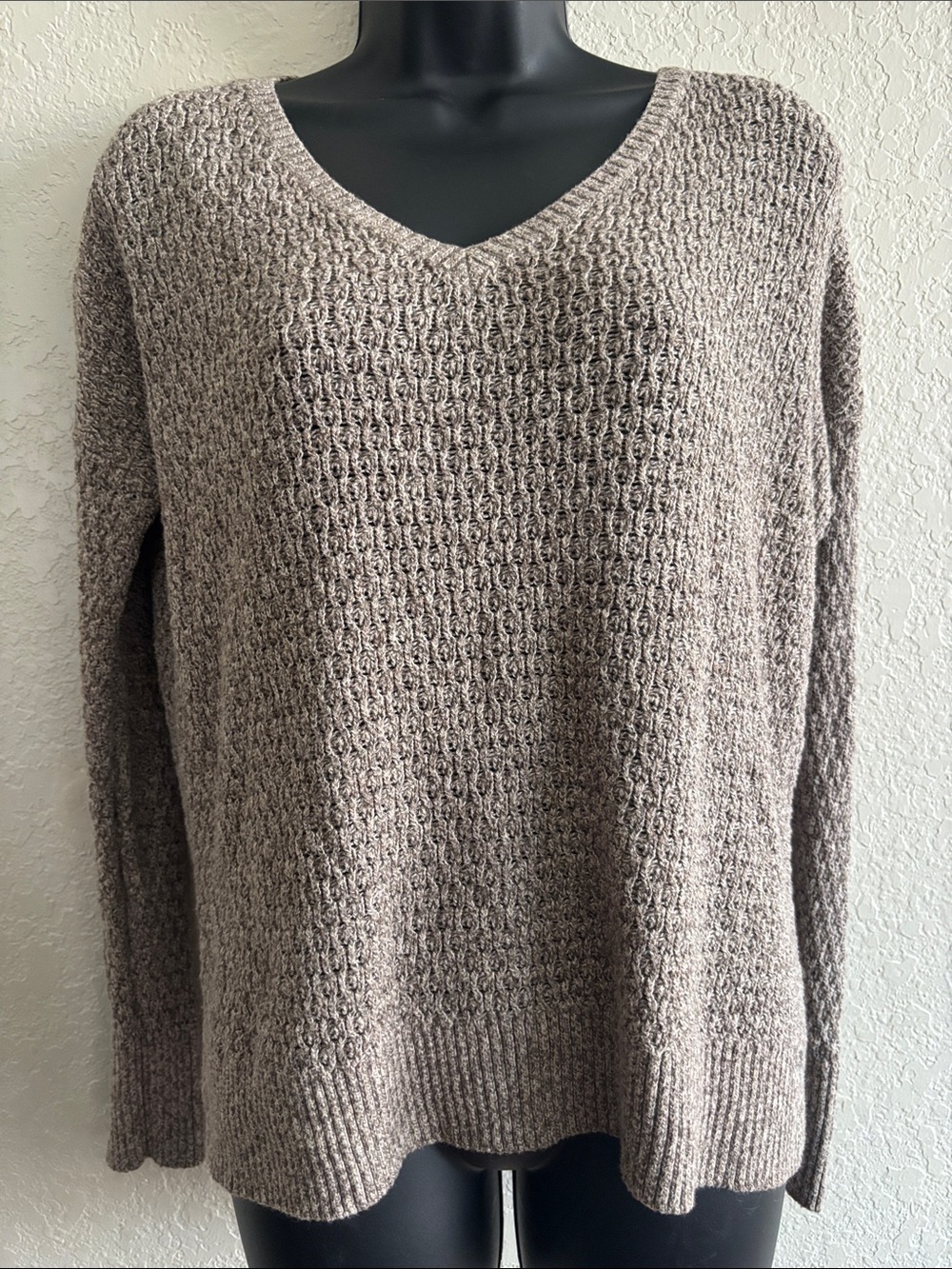 American Eagle Outfitters Taupe V-Neck Textured Knit Sweater